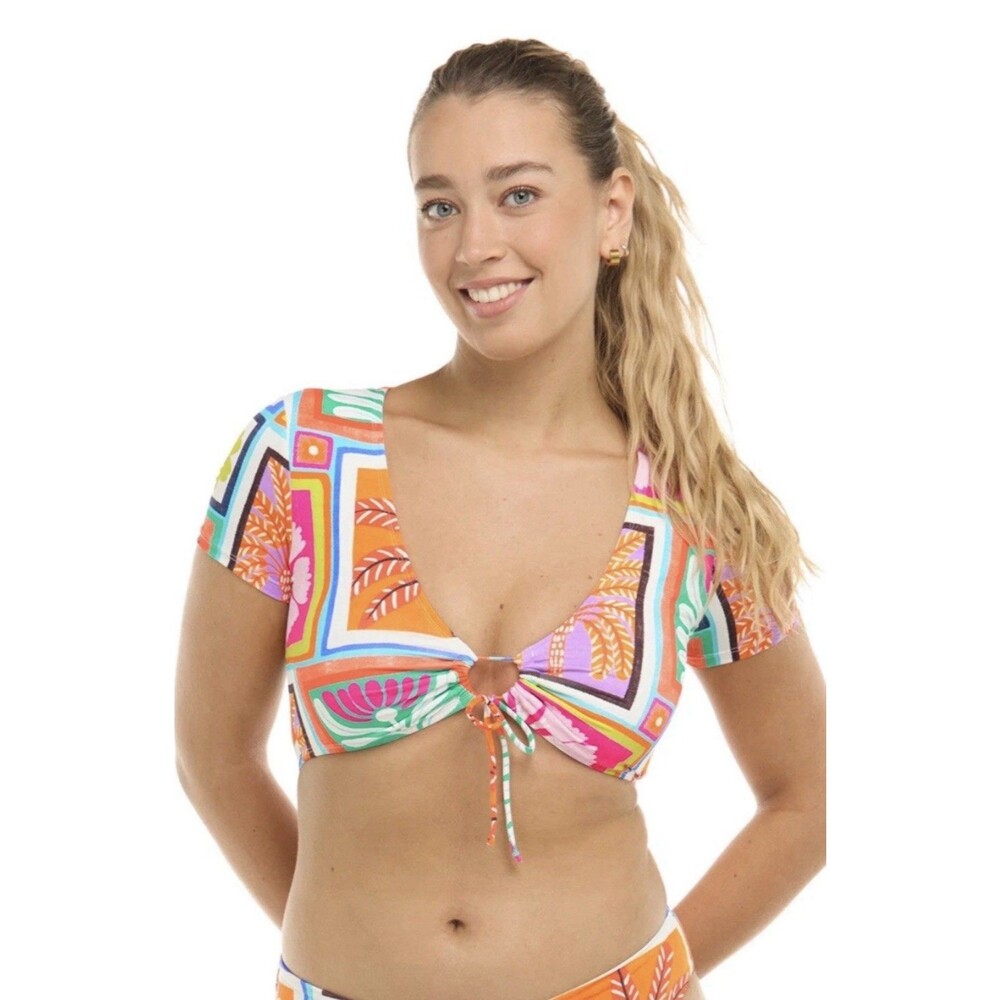 NWT Sandrine swimsuit swimtop Top cap sleeves v-neck size large  - RIO
